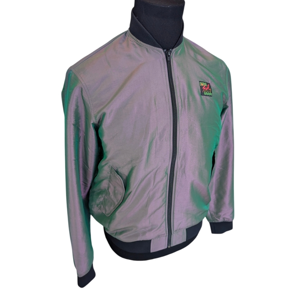 Retro Surf Style small irridescent zip up bomber jacket , neon logo patch.
